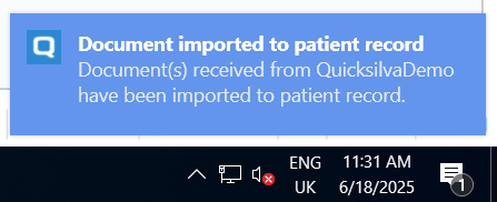 image showing the Quicksilva Toolbar document import notification in the Windows notification tray Quicksilva Toolbar import notification